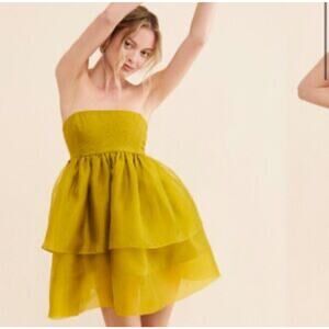 Anthropologie Dress Womens M Green Let Me Be Strapless Smocked Tiered Mini